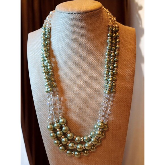 Green Faux Pearl & Crystal Necklace – Multi-Strand – Silver Tone Floral Clasp – - Picture 1 of 4